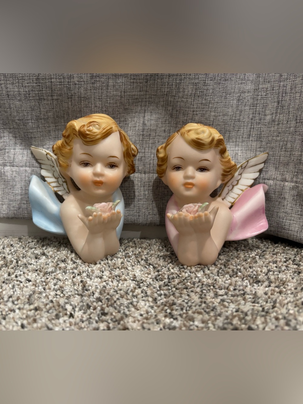 Vintage 1950s Norcrest Japan Cherub Angel Porcelain Wall Hanging Girl/Boy